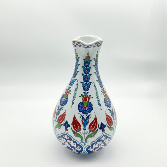 Handmade Ceramic Pitcher (25cm) – Red Tulips & Blue Hyacinths – Elegant Slender Form For Sale - Image 11 of 11