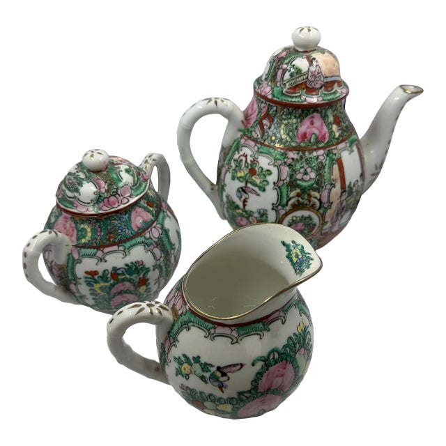 Antique Chinese Famille Rose Medallion Porcelain Tea Set; Teapot, Sugar, Creamer For Sale