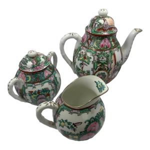 Antique Chinese Famille Rose Medallion Porcelain Tea Set; Teapot, Sugar, Creamer