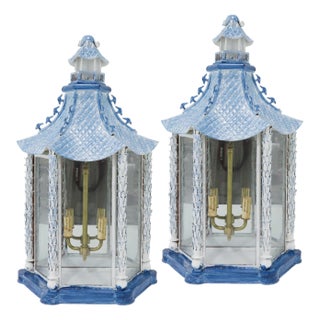 A Pair of Vintage Brighton Blue and White Chinese-Style Pagoda Wall Lamps For Sale