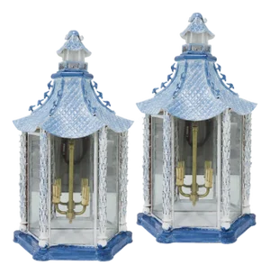 A Pair of Vintage Brighton Blue and White Chinese-Style Pagoda Wall Lamps