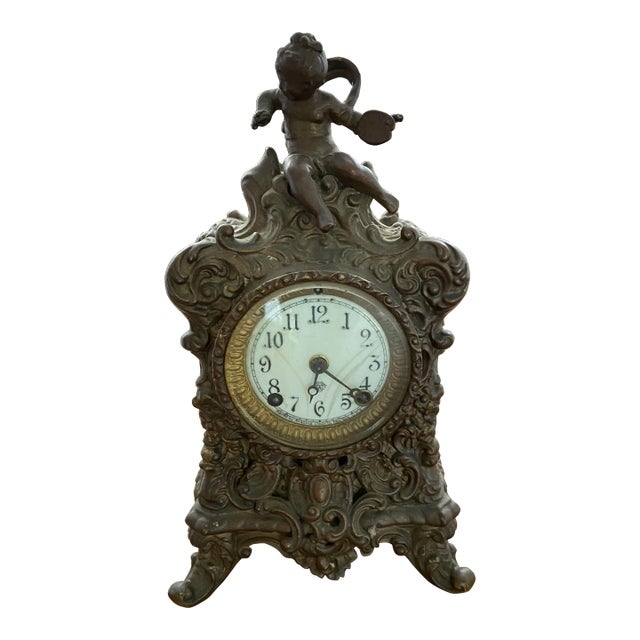 Early 20th Century Victorian Ansonia Bronze Clock With Cherub Pediment For Sale