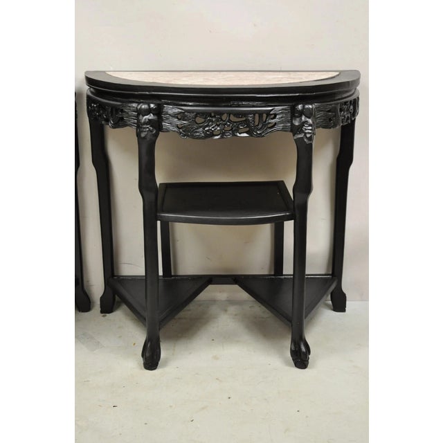 Vintage Chinese Chinoiserie Black Demilune Pink Marble Console Table - A Pair For Sale - Image 11 of 11