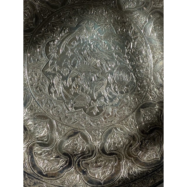 Metal Vintage Persian Zandi Middle Eastern Islamic Brass Platter. For Sale - Image 7 of 11