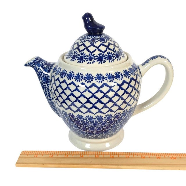 Vintage Boleslawiec Polish Pottery Teapot With Bird Finial For Sale - Image 16 of 16