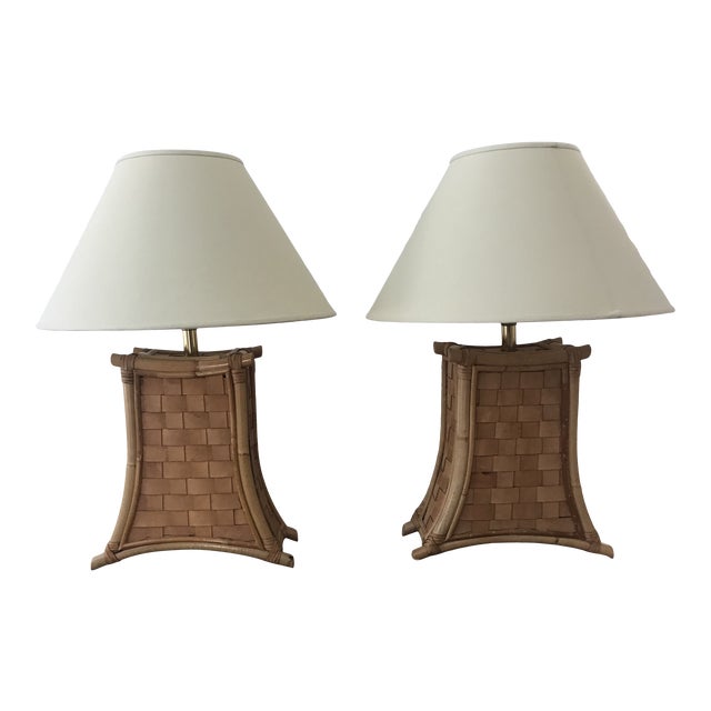 1970s Bamboo and Leather Strap Lamps - a Pair For Sale