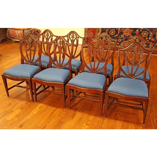 Traditional 1990s Set of 8 Regency Style Solid Mahogany Fleur-De-Lis Blue Fabric Dining Chairs For Sale - Image 3 of 18