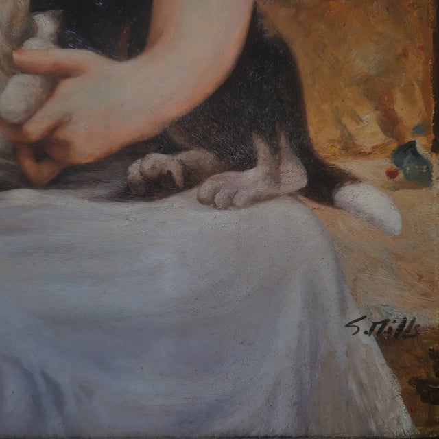Victorian Mid-20th Century Signed S. Tille - Portrait of a Young Girl With Puppy, Oil on Canvas For Sale - Image 3 of 4