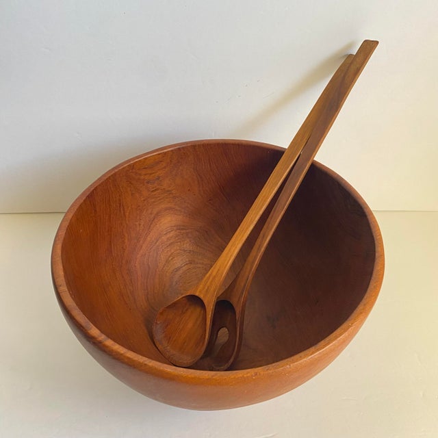 Mid Century Danish Modern Teak Salad Bowl & Tongs Knobler Large Size