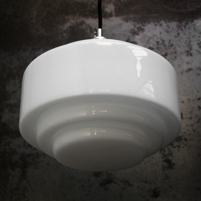 Metal Vintage Art Deco White Opaline Glass Pendant Lamps For Sale - Image 7 of 8