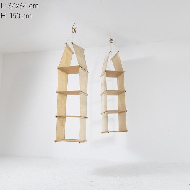 Hanging Wood and Linen Bookcase, 1970s For Sale - Image 9 of 13
