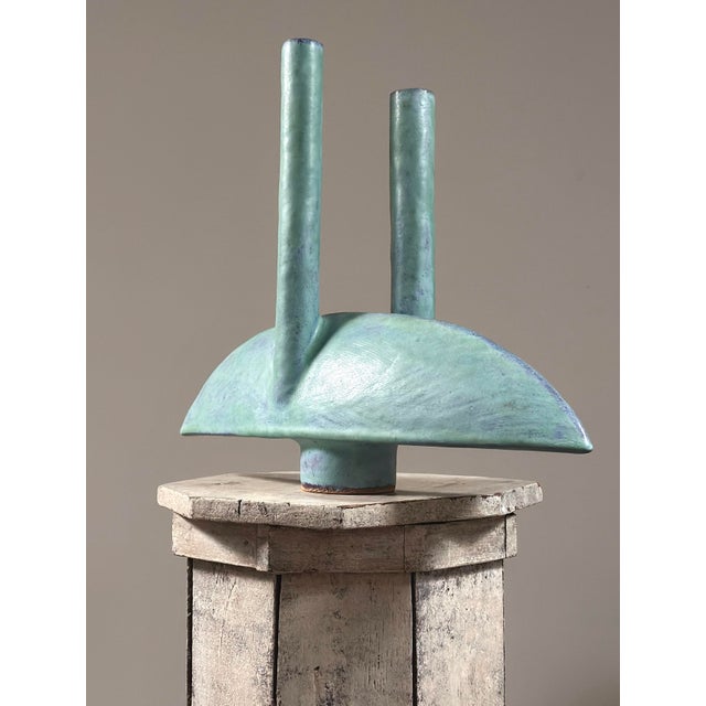 1950s Vintage Japanese Modernist Turquoise Double Stem Ikebana Ceramic Vessel, Signed For Sale - Image 5 of 11