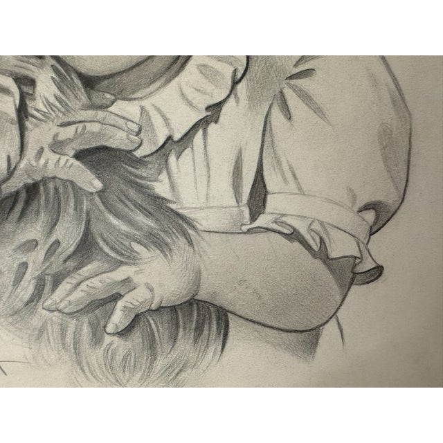 American 1940s Original Signed Graphite Illustration of Young Girl Holding Cat, 11.5 × 8.75 In. For Sale - Image 3 of 6