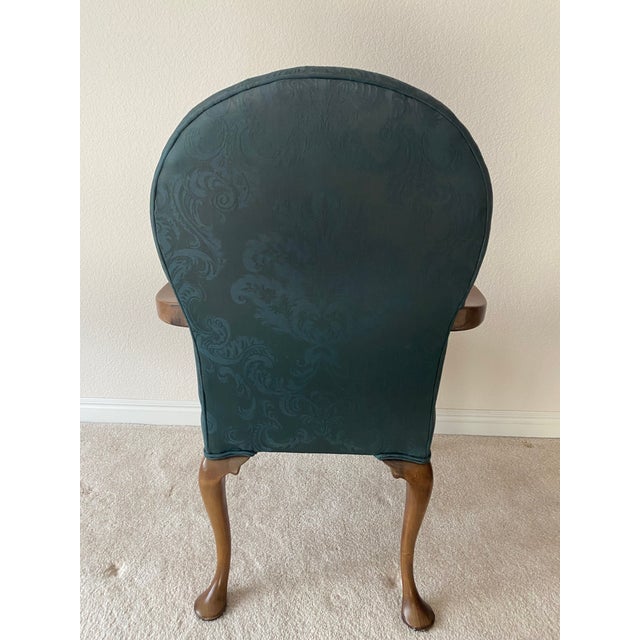 Chippendale Pennsylvania House Emerald Green Damask Style Upholstry and Carved Cherry Wood Dearborn Exquisitely Unique Chair Excellent Condition For Sale - Image 3 of 11