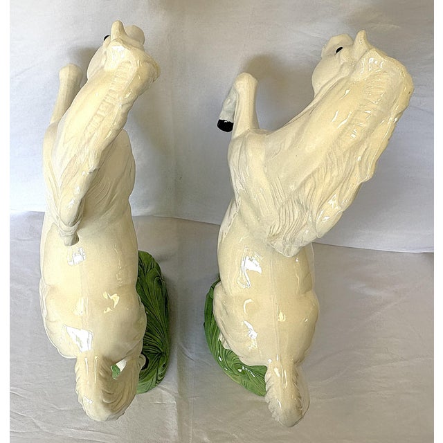 White Mid Century Vintage Cast Ceramic Rearing White Mustangs With Glass Eyes- A Pair For Sale - Image 8 of 18