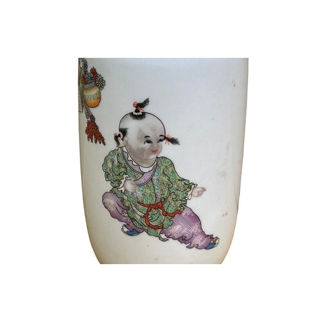 White Chinese White Base Color Baizi Graphic Porcelain Art Vase For Sale - Image 8 of 10