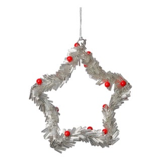 Festive Beaded Ornaments with Red Berries, Set of 12, Silver Star, 6" For Sale