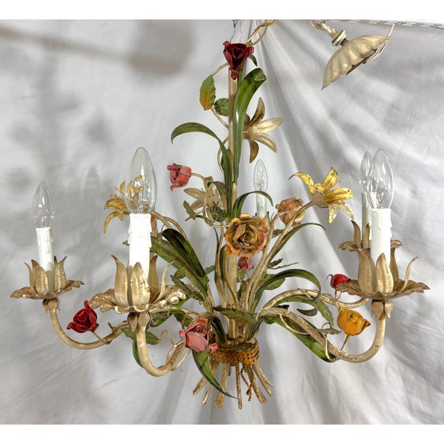 Vintage Tole 6-Light Chandelier With Flower Motif and Honest Patina For Sale - Image 11 of 18