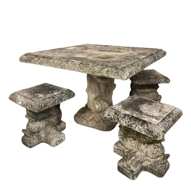 Vintage Cast Stone Garden Dining Set With Dolphin Pedestal Table & Three Matching Stools For Sale - Image 4 of 12