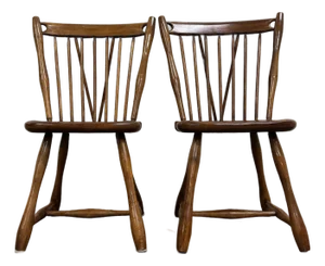 Antique Early American Style Solid Maple Spindle Back Dining Chairs - Pair