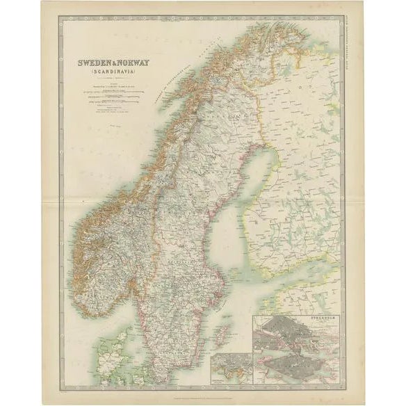Antique Map of Sweden and Norway by Johnston, 1909 For Sale
