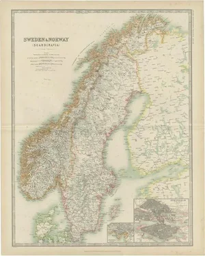 Antique Map of Sweden and Norway by Johnston, 1909