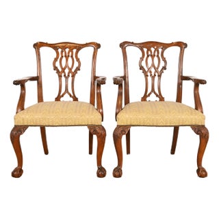 Baker Furniture Chippendale Carved Mahogany Armchairs or Dining Captain Chairs, Pair For Sale