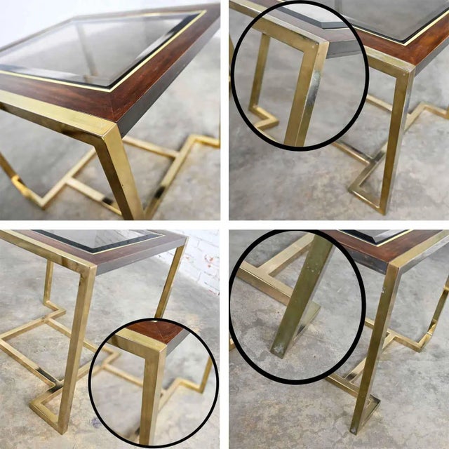 Modern End Tables 2 Sizes Brass Plated Dark Wood & Smoked Glass Rectangles by Thomasville Furniture Style of Milo Baughman, a Pair For Sale - Image 12 of 17