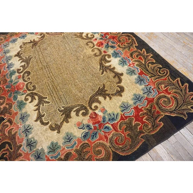 Textile Beautiful Brown Color With Intricate Folk Art Pattern Antique American Hooked Rug For Sale - Image 7 of 12