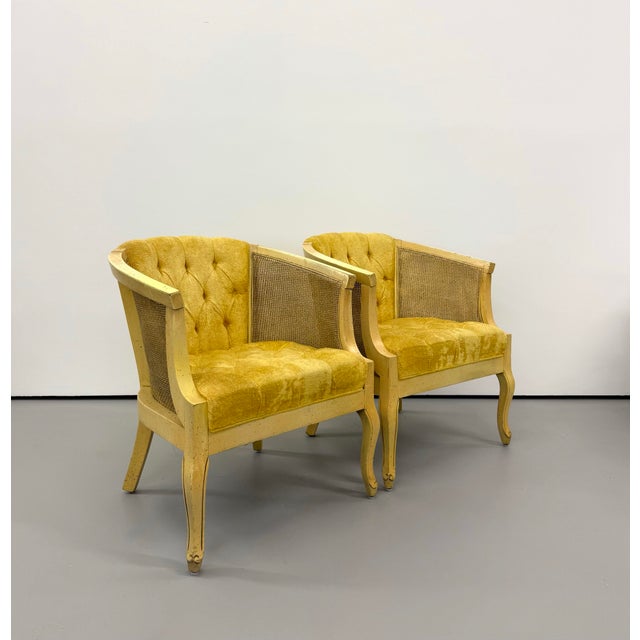 Vintage Cane & Tufted Velvet Barrel Chairs - Pair For Sale In West Palm - Image 6 of 7