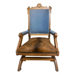'Desperado Eastlake' 19th Century Rocking Chair Reupholstered in Cowhide and Denim 23" X 23" X 40" For Sale