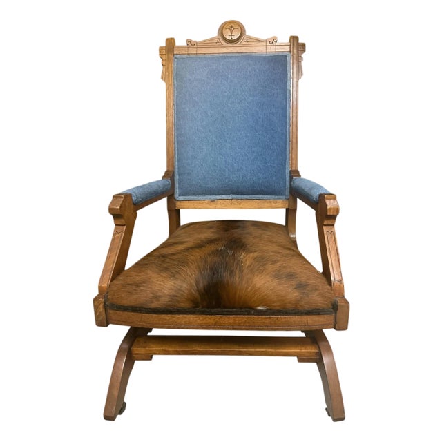 'Desperado Eastlake' 19th Century Rocking Chair Reupholstered in Cowhide and Denim 23" X 23" X 40" For Sale