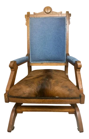 'Desperado Eastlake' 19th Century Rocking Chair Reupholstered in Cowhide and Denim 23" X 23" X 40"