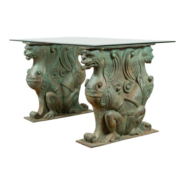 Vintage Bronze Double Mythical Figures Table Base with Verde Patina For Sale