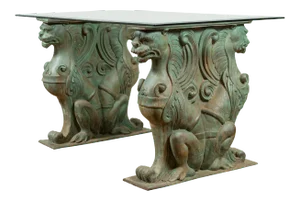 Vintage Bronze Double Mythical Figures Table Base with Verde Patina