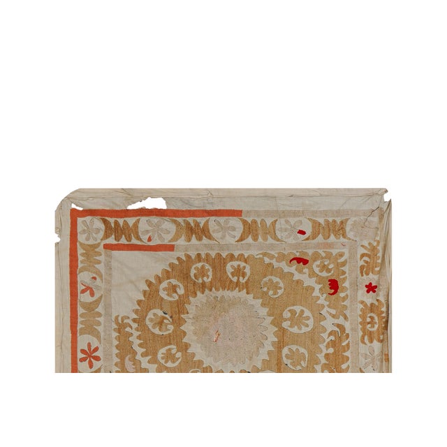 Mid-Century Modern Suzani Beige Tapestry - Pastel Color Uzbek Table Cloth For Sale - Image 3 of 10
