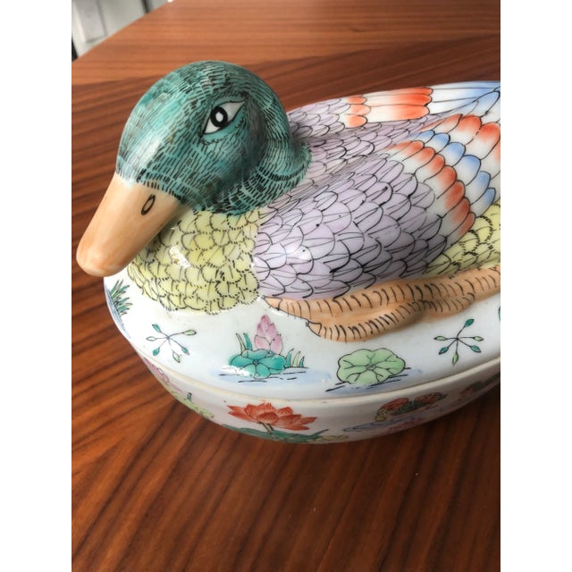 Mid-Century Modern Vintage Chinese Export Hand-Painted Polychrome Duck Tureen For Sale - Image 3 of 13