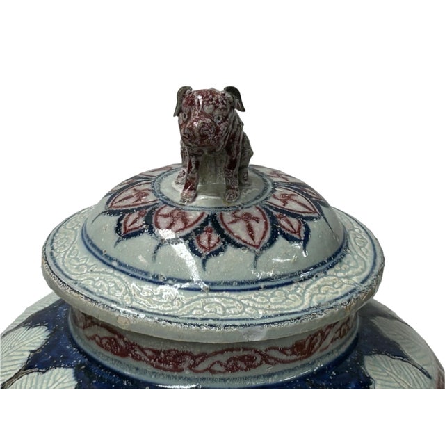 1970s Orient Crackle Blue Red White Floral Graphic Ceramic Jar For Sale - Image 5 of 16
