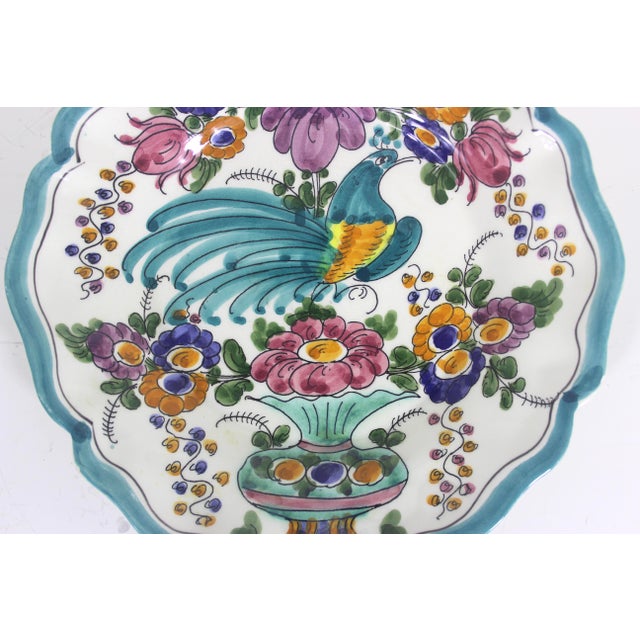 Small Vintage Hand Painted Ceramic Wall Plate, Hand Painted Floral Flowers and Bird Wall Art, Ethnic, Bohemian a.m. Skyros Signed For Sale - Image 6 of 6