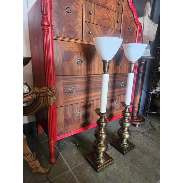 Mid 20th Century Pair of Stiffel Torchiere Brass Lamps For Sale In Denver - Image 6 of 8