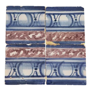 18th Century Antique Portuguese Set of Four Blue, White and Brown Spongeware Baroque Tiles
