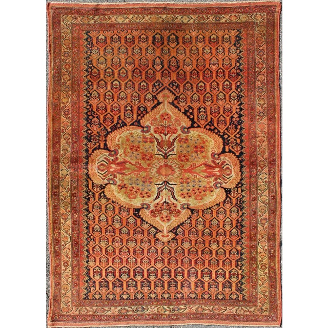Textile Antique Mission Malayer Rug With Floral Medallion in Blue, Orange & Green For Sale - Image 7 of 7