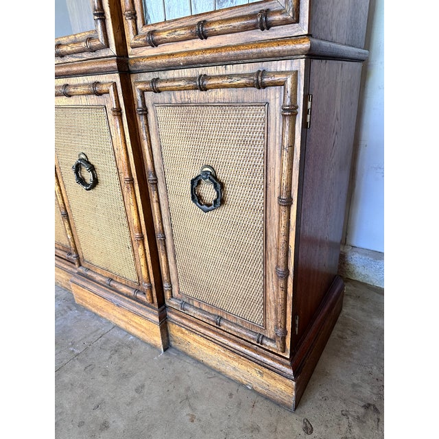 Vintage Coastal Faux Bamboo China Display Curio Cabinet Rattan Wood Glass For Sale - Image 13 of 16