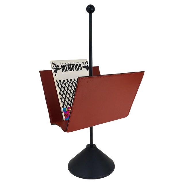 Italian Postmodern Magazine Rack in Leather by Porada Arredi, 1980s For Sale