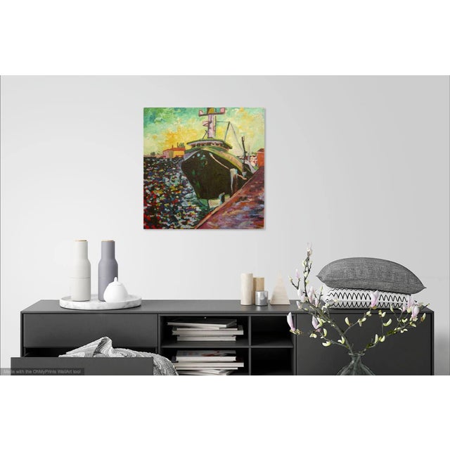 Textile Martha Holden, Large "Ship in the Harbor" Contemporary Expressionist Style Nautical Oil Painting For Sale - Image 7 of 11