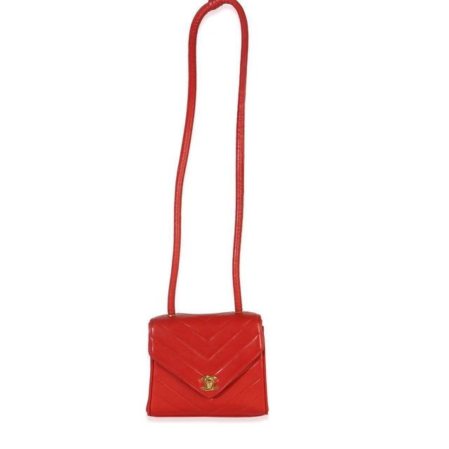 Red Vintage 24K Red Chevron Lambskin CC Square Flap Bag For Sale - Image 8 of 9