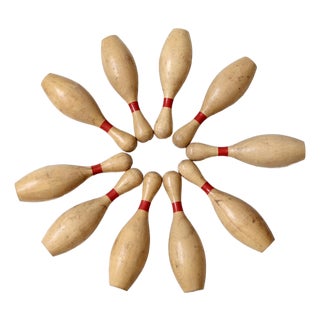 Set of 10 Vintage Wooden Bowling Pins For Sale