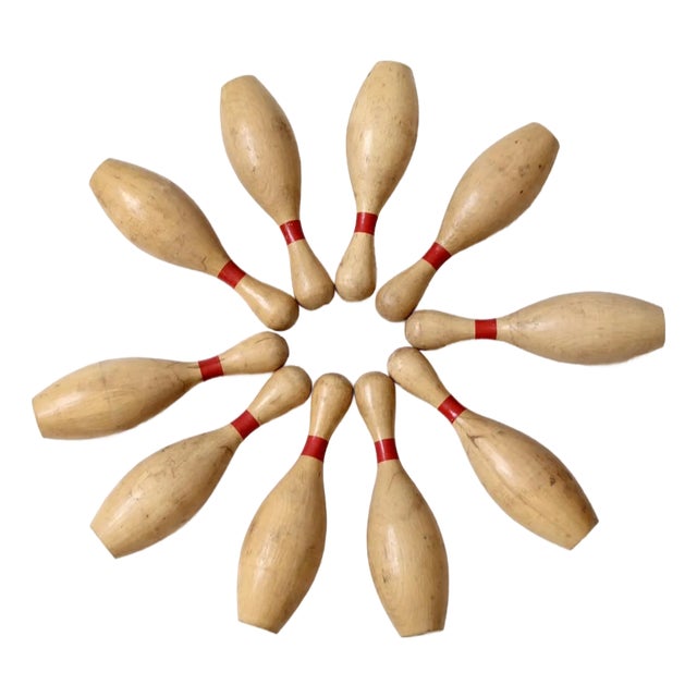 Set of 10 Vintage Wooden Bowling Pins For Sale
