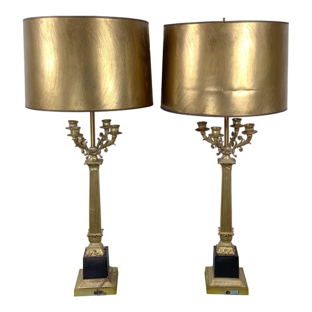 Mid 20th Century Pair of Neoclassical Brass Column Table Lamps in the Charles X Style With Candelabra Arms For Sale