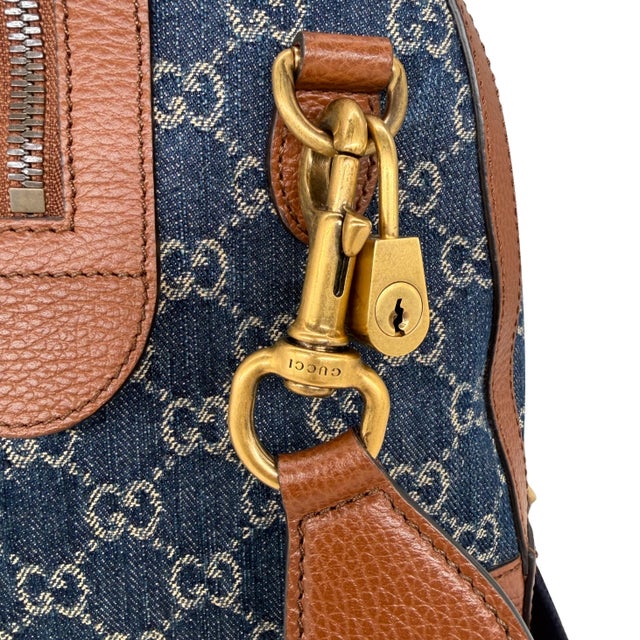 Gucci Denim Gg Supreme Canvas and Brown Leather Duffle Bag, Spring/Summer 2022. For Sale - Image 10 of 13